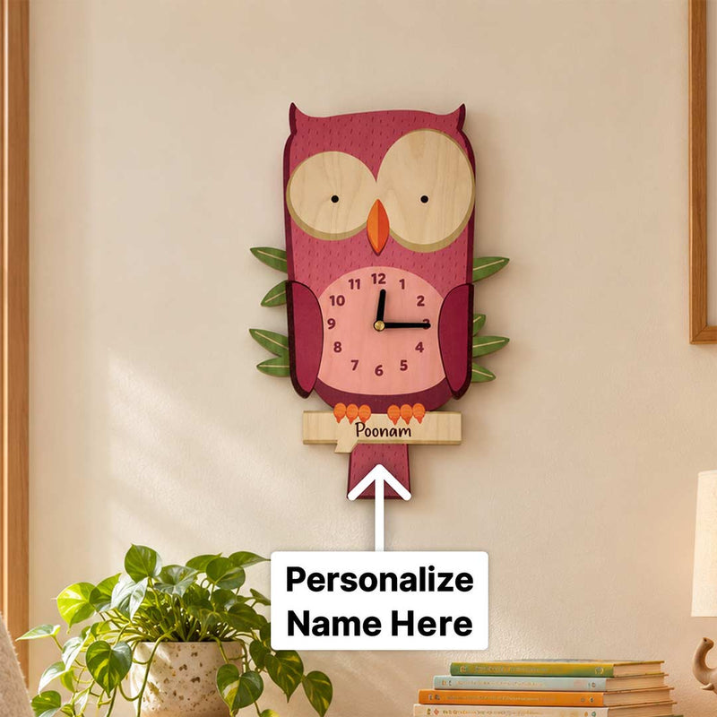 Custom Kids Name Wooden Wall Clock | Cartoon Owl Nursery Gift | Love Craft Gifts™