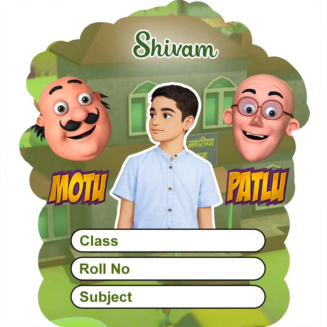 Personalized Motu Patlu Cartoon Kids Name Slips – Illustrated Cartoon Art School Name Stickers (2×3 Inch, 28 Stickers) | Love Craft Gifts