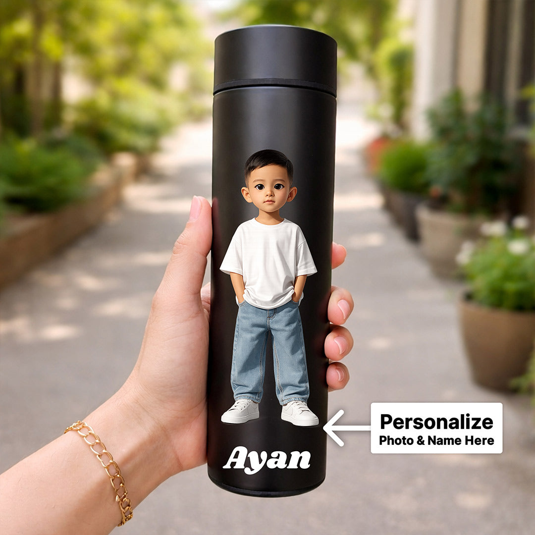 Personalized Temperature Water Bottle with Cartoon Photo & Name Custom Print Matte Black 500ml Stainless Steel LED Display Bottle Gift for Kids & Boys | Love Craft Gifts