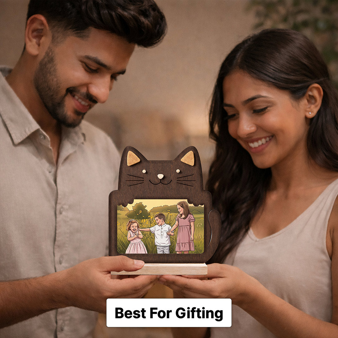 Personalized Wooden Cat Photo Frame Stand with Custom Cartoon Photo Print (6x6 Inch) Cute Cat Design Table Top Frame Gift for Kids, Family & Friends | Love Craft Gifts