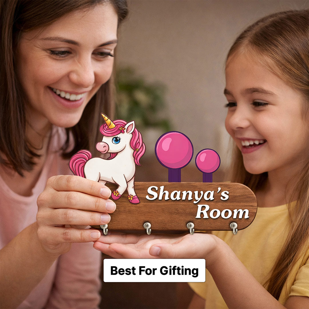 Personalized Unicorn Wooden Key Holder 9x5 Inch – Custom Name Kids Room Organizer Gift | Love Craft Gifts™
