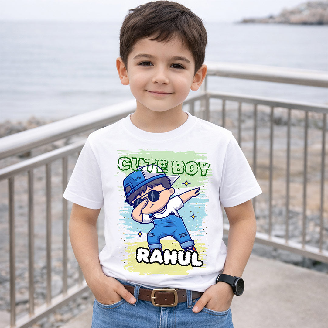 Personalized Cute Boy Name White T-Shirt – Custom Cartoon Boy Printed | Love Craft Gifts