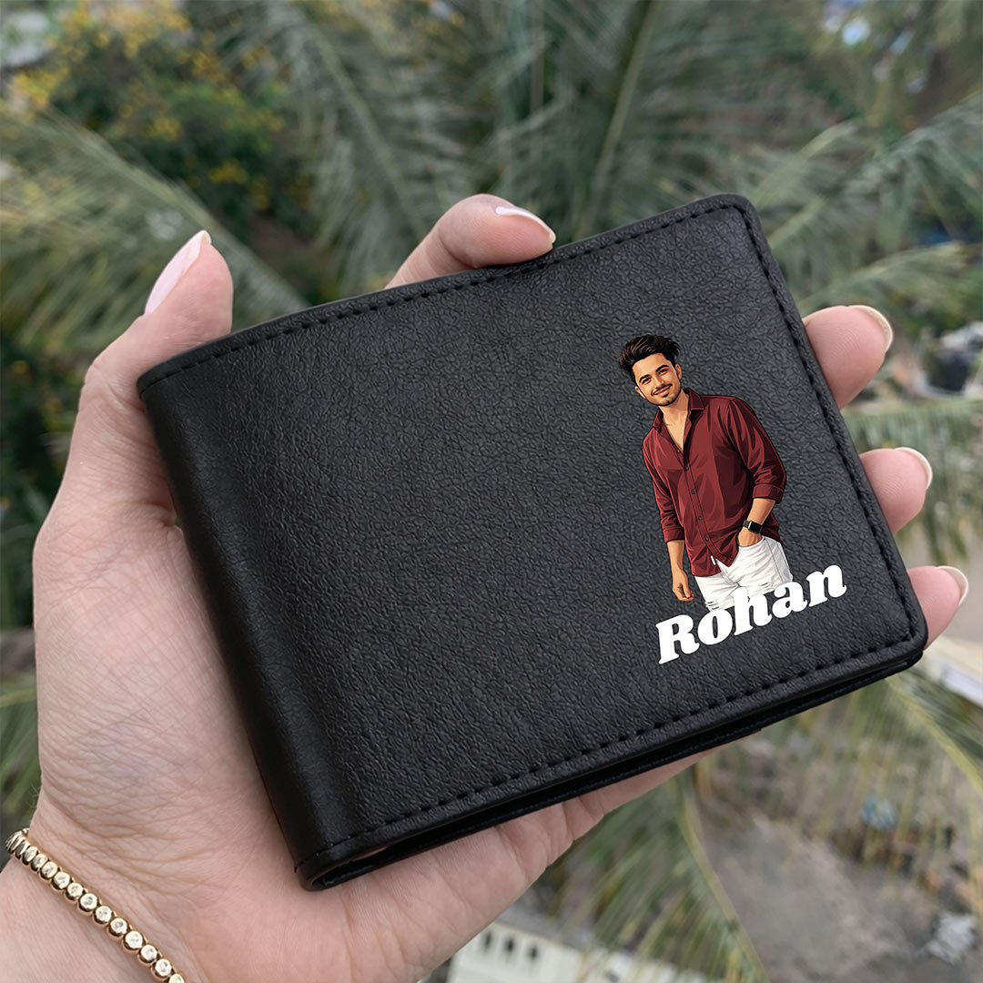 Personalized Men’s Leather Wallet with Cartoon Photo & Name Custom Print Black Bi-Fold Wallet Gift for Boys, Husband & Boyfriend | Love Craft Gifts