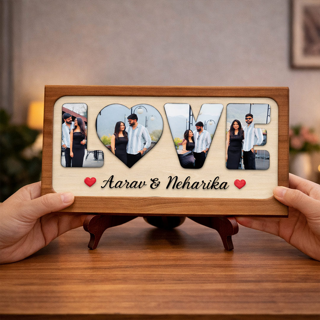 Personalized LOVE Photo Frame with Name – Custom Couple Wooden Tabletop Frame (8 x 5 Inch) | Love Craft Gifts