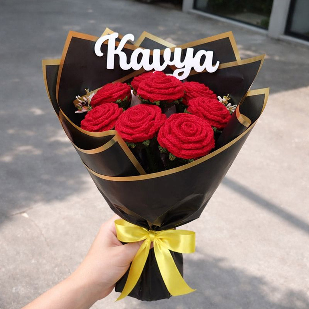 Personalized Red Rose Crochet Bouquet | Handmade Forever Flower Gift | Love Craft Gifts