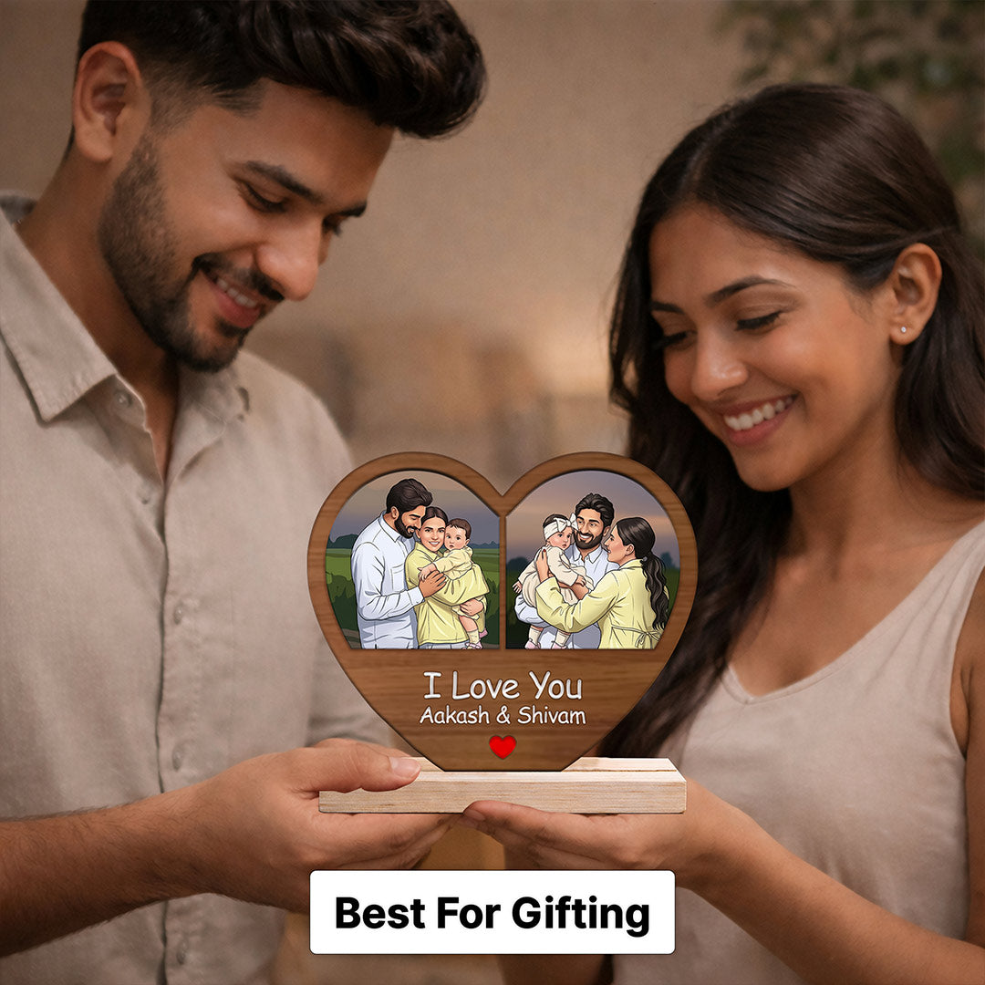 Personalized Heart Shape Wooden Photo Frame Table Stand – Custom Couple & Family Cartoon Frame Gift with Name (6x6 Inch) | Love Craft Gifts