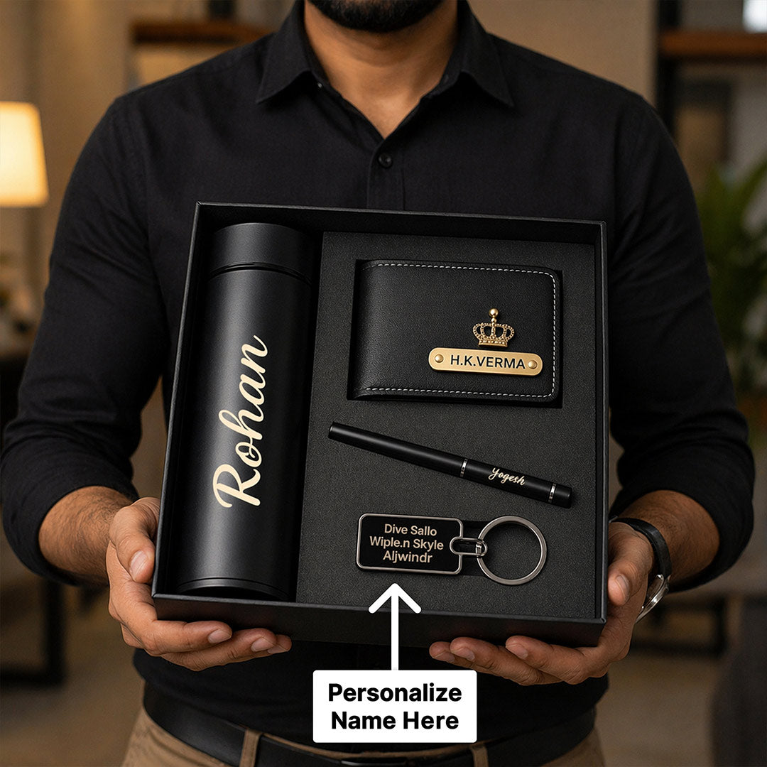 Personalized Premium Gift Set for Men – Custom Name Wallet, Bottle, Pen & Keychain Combo | Love Craft Gifts™