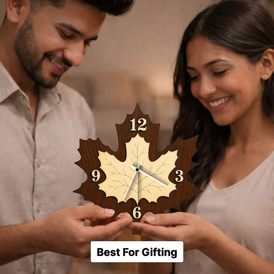Elegant Maple Leaf Wooden Wall Clock (10x11 Inch) – Premium Decorative Home Clock Gift | Love Craft Gifts™