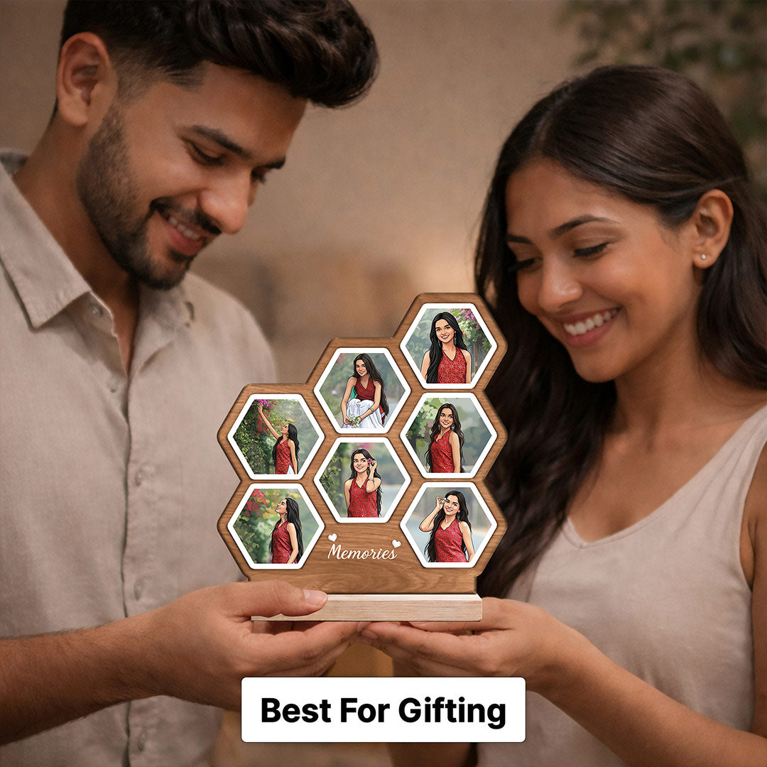Personalized Hexagon Multi Photo Wooden Table Stand (6x7 Inch) Custom Memories Frame Gift for Girlfriend, Wife & Friends | Love Craft Gifts