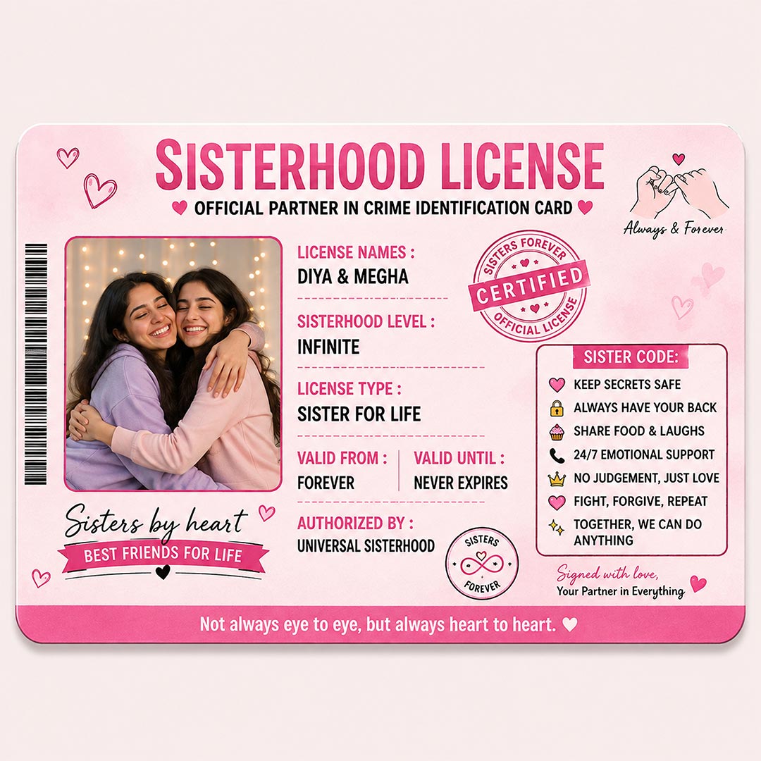 Personalized Sisterhood License Photo Card | Sister for Life Keepsake Gift | Love Craft Gifts™