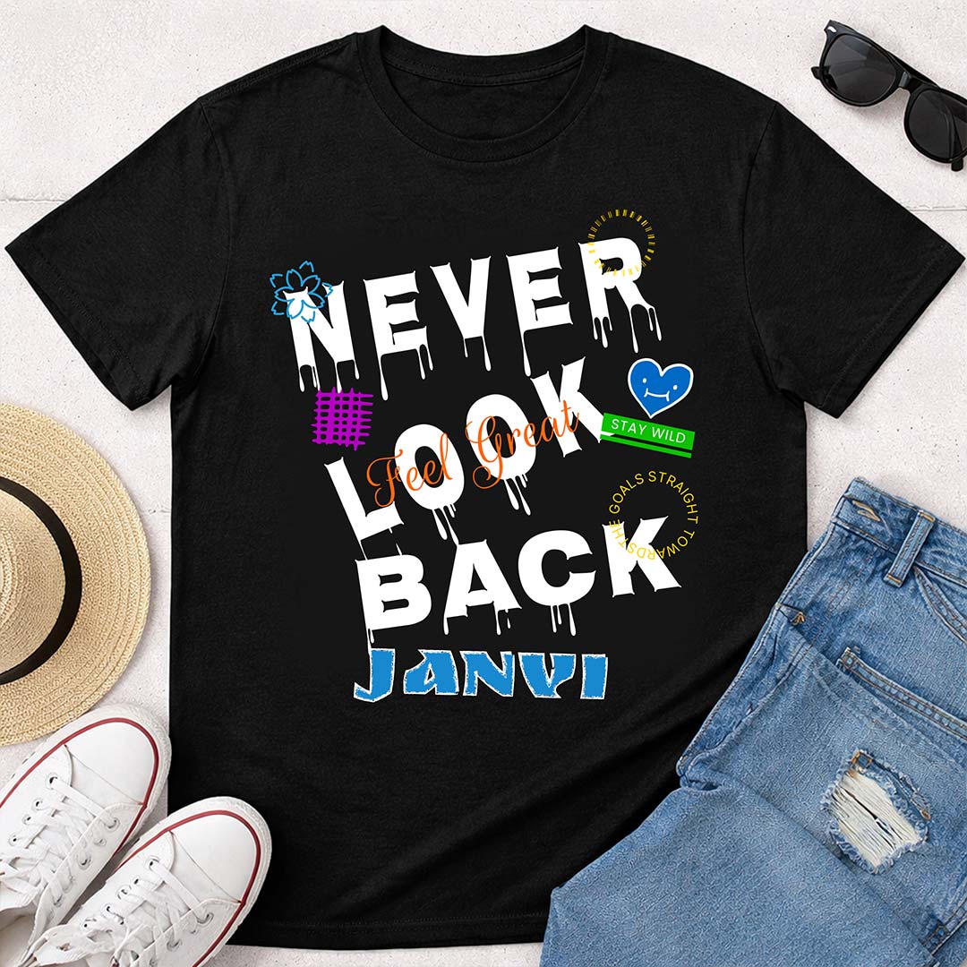 Personalized Never Look Back Name T-Shirt for Girls – Custom Printed Black Motivational Tee | Love Craft Gifts