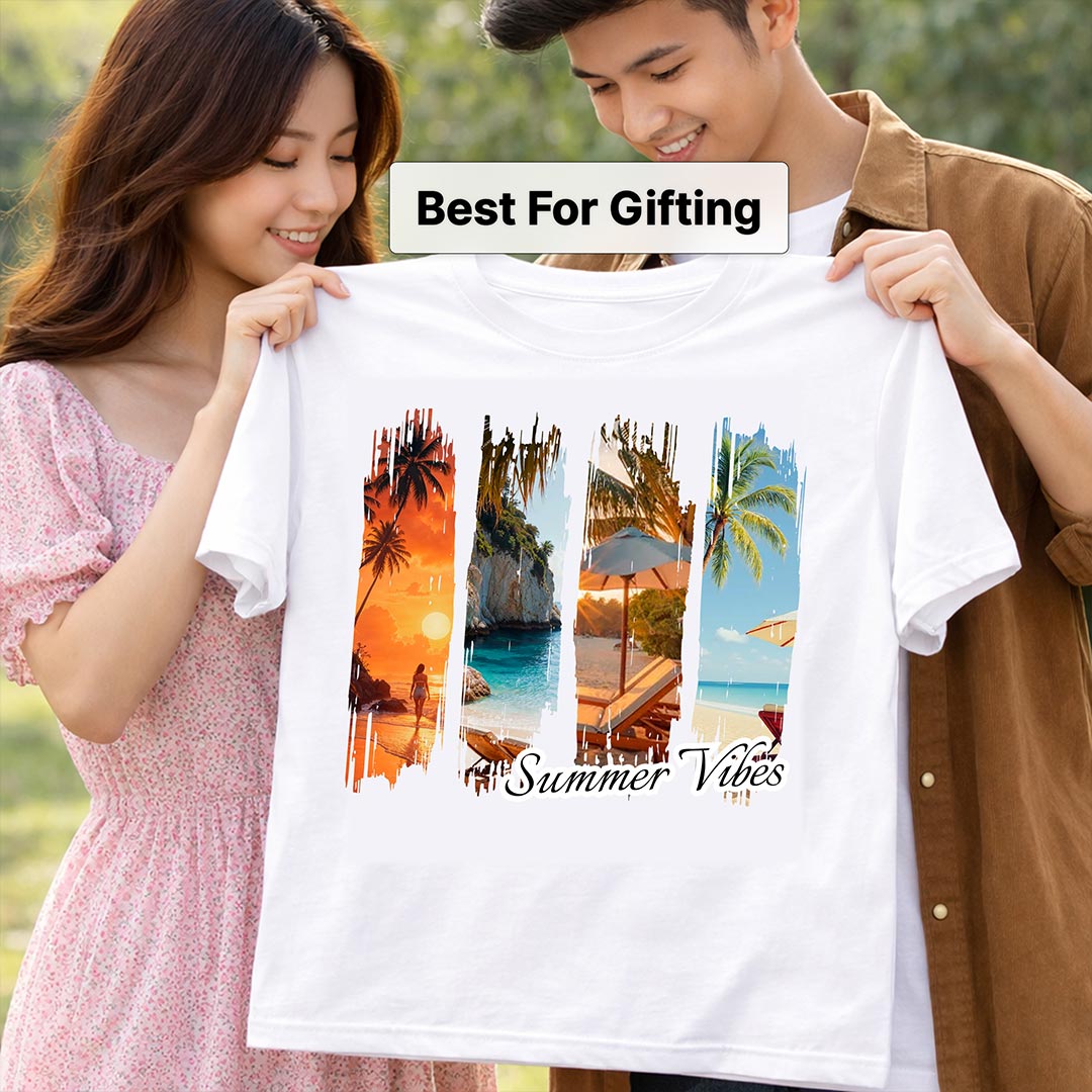 Summer Vibes Beach Graphic White T-Shirt – Tropical Vacation Print Tee | Love Craft Gifts