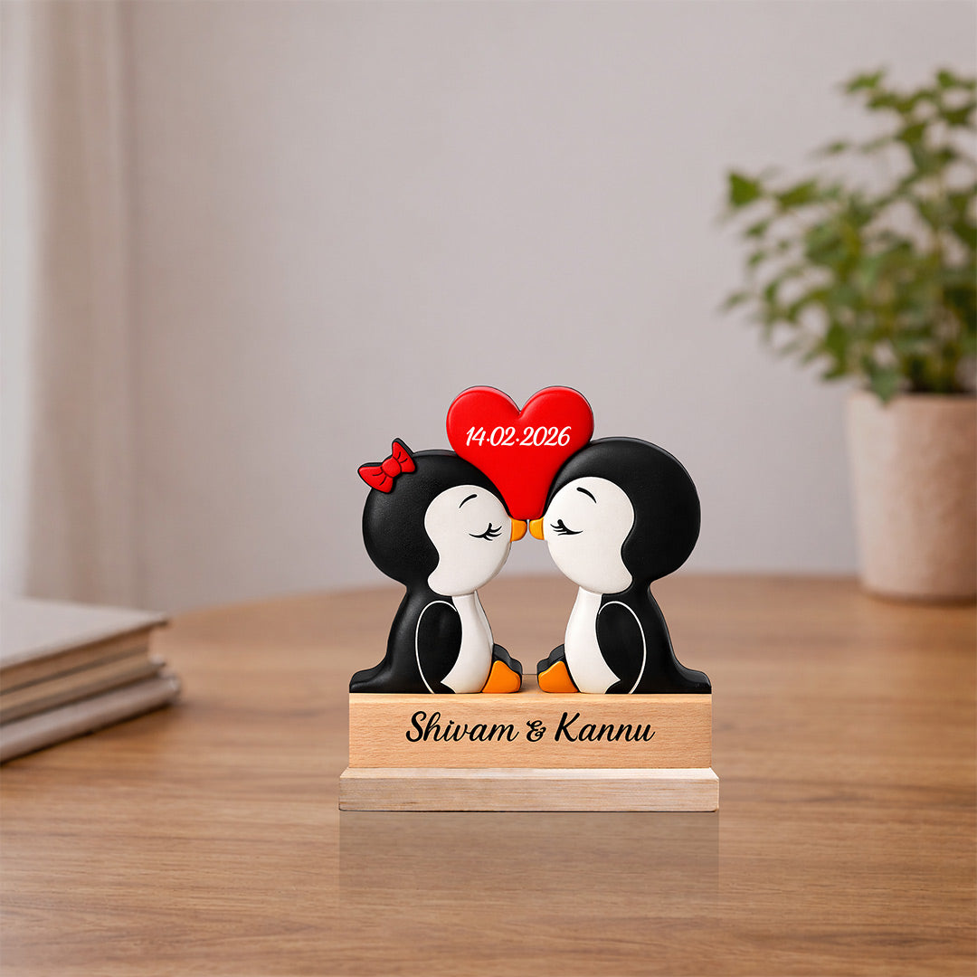 Personalized Cute Penguin Couple Wooden Table Stand (6x6 Inch) – Custom Name & Date Romantic Love Desk Décor Gift for Girlfriend, Boyfriend, Wife & Husband | Love Craft Gifts