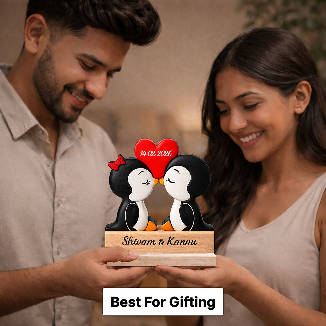 Personalized Cute Penguin Couple Wooden Table Stand (6x6 Inch) – Custom Name & Date Romantic Love Desk Décor Gift for Girlfriend, Boyfriend, Wife & Husband | Love Craft Gifts