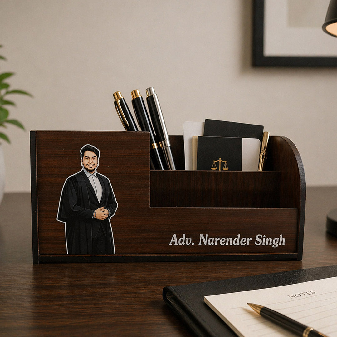 Personalized Advocate Wooden Desk Organizer (7x3 Inch) – Custom Name & Photo Pen Stand Gift | Love Craft Gifts™