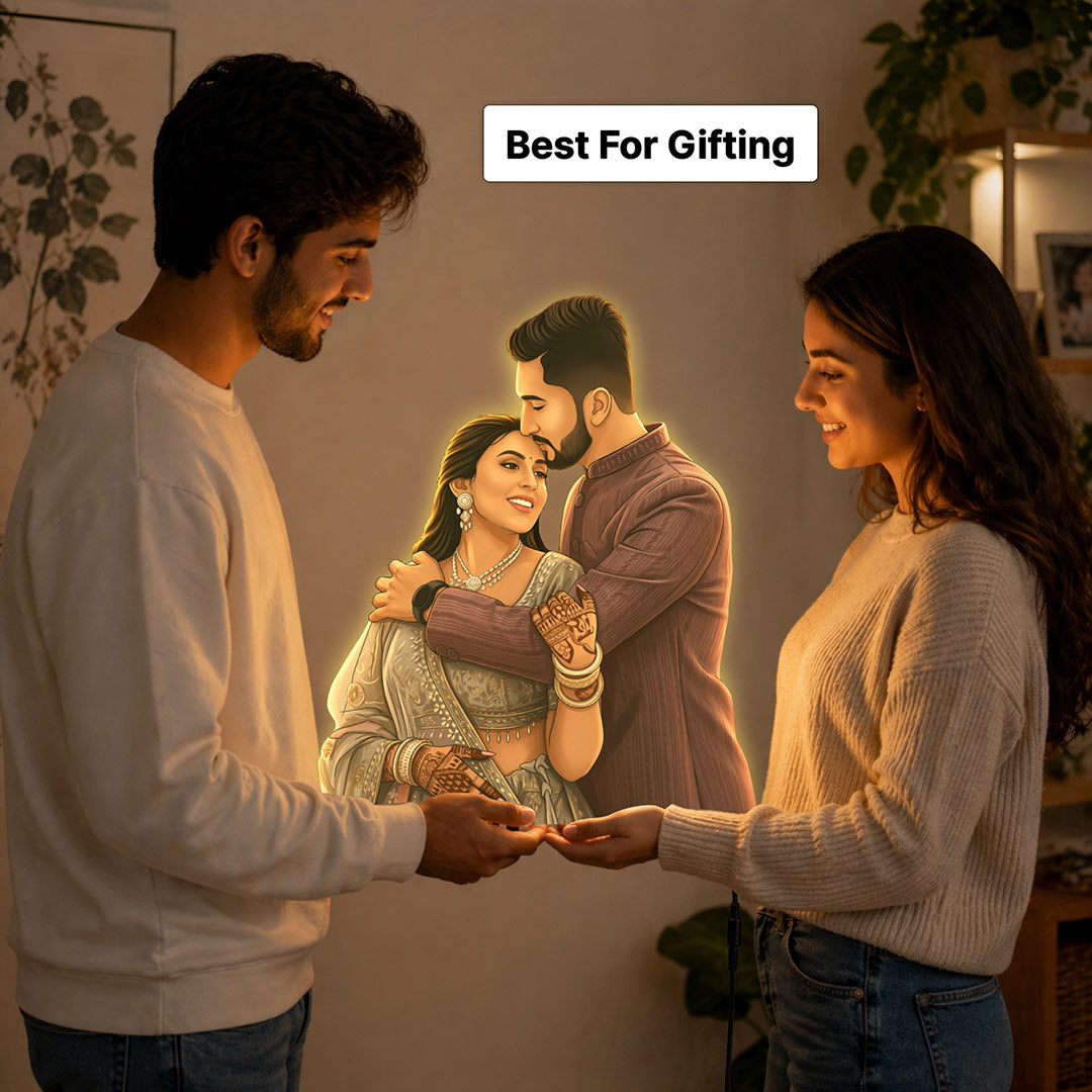 Personalized AI Cartoon Wooden 3D LED Photo Cutout Gift for Couple (14 x 24 Inch) – Custom Wedding Photo LED Lamp for Anniversary, Bride & Groom Gifts | Love Craft Gifts™
