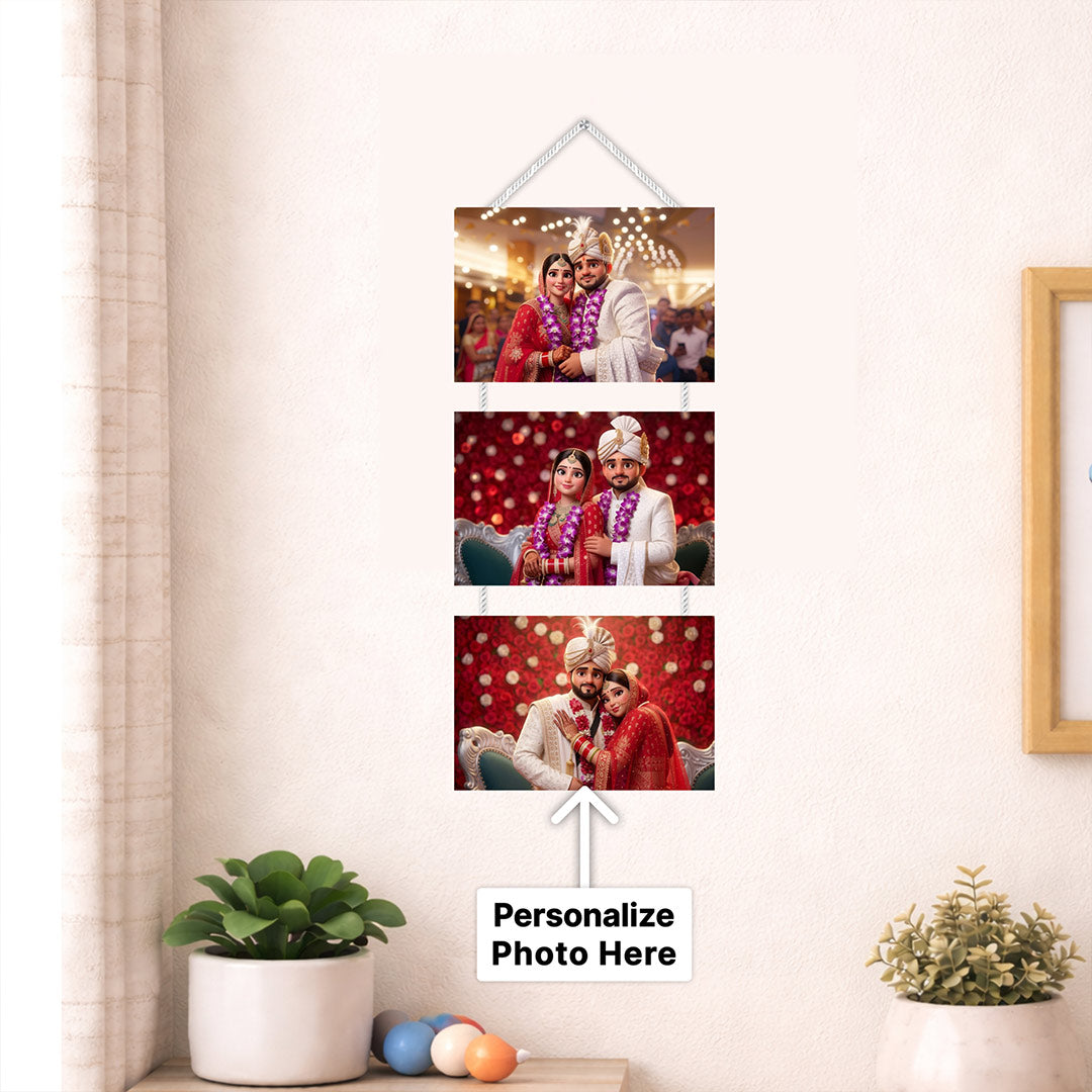 Personalized Wedding Photo Collage Hanging Frame – Custom 3 Photo Wall Décor (14x6 Inch) | Love Craft Gifts