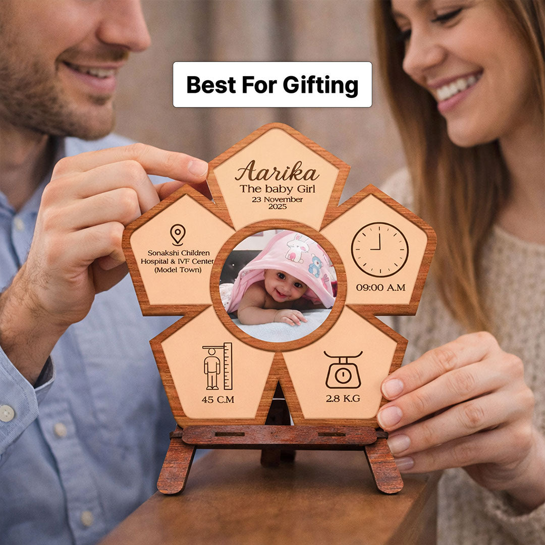 Personalized Baby Birth Details Wooden Flower Table Stand (8x8 Inch) | Love Craft Gifts