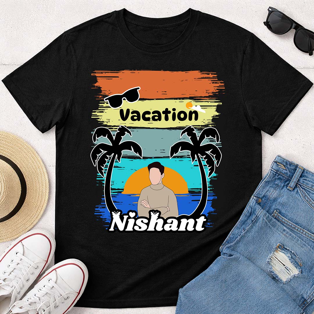 Personalized Vacation Theme Black T-Shirt – Custom Name & Pic Summer Travel Print | Love Craft Gifts