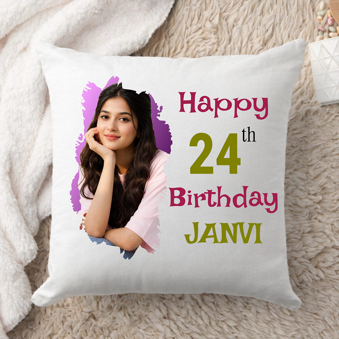 Personalized Birthday Photo Cushion Pillow for Girls with Name – Custom Soft Birthday Gift Cushion (10x10 Inch) | Love Craft Gifts