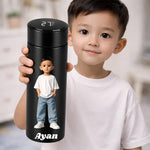 Personalized Temperature Water Bottle with Cartoon Photo & Name Custom Print Matte Black 500ml Stainless Steel LED Display Bottle Gift for Kids & Boys | Love Craft Gifts