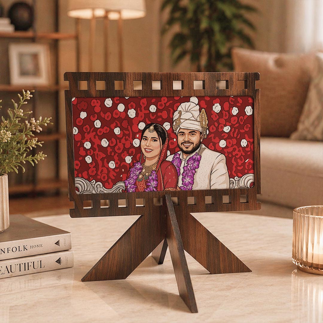 Personalized Cartoon Couple Wooden Frame – Custom Wedding Photo Stand (6x5 Inch) Romantic Anniversary Gift | Love Craft Gifts™
