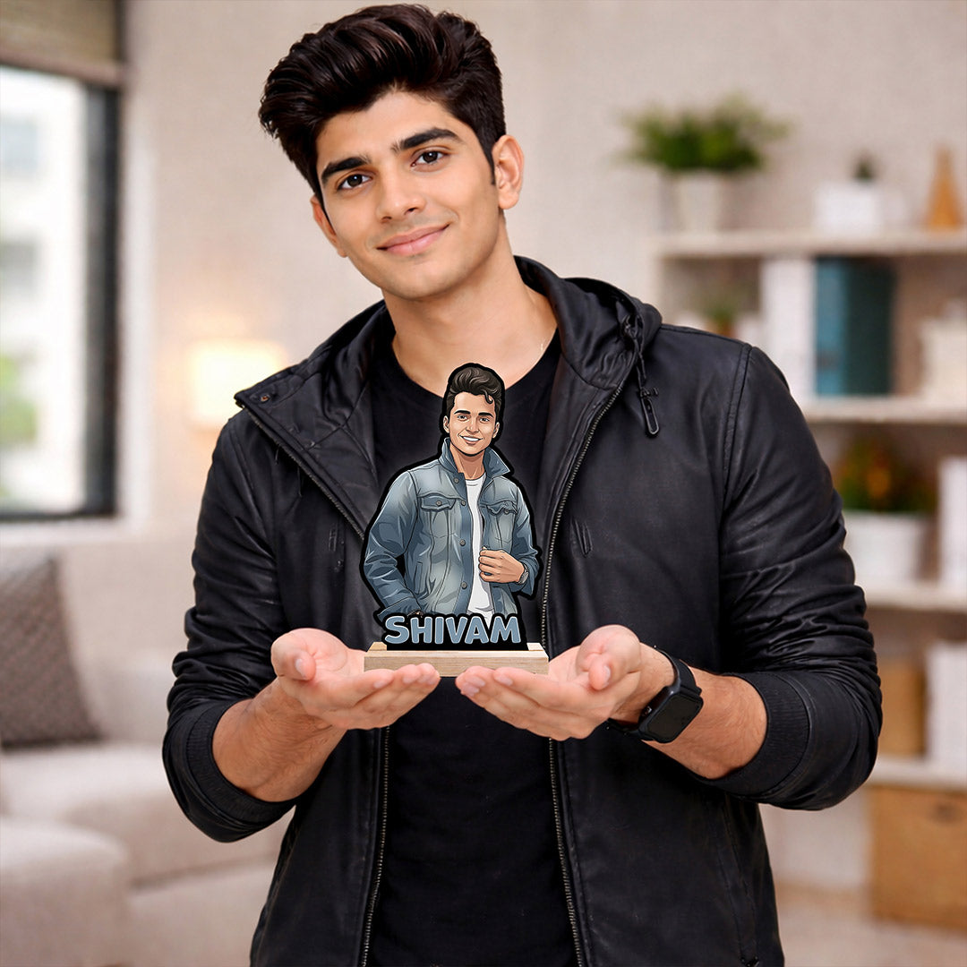 Personalized Cartoon Photo Wooden Table Stand with Name (8 Inch) Custom Portrait Desk Décor Gift for Boyfriend, Husband & Friends | Love Craft Gifts