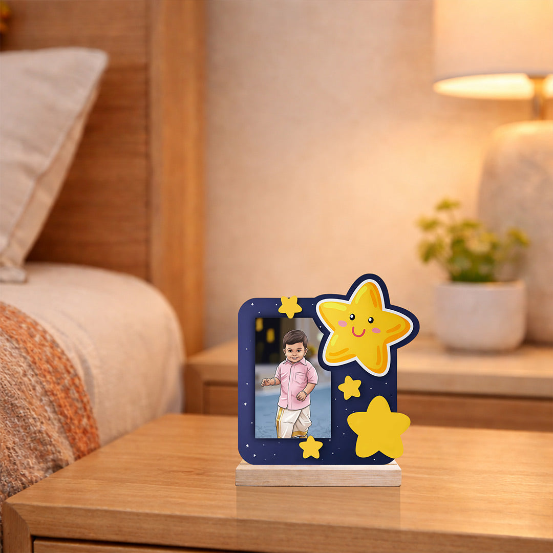 Personalized Kids Wooden Photo Frame with Cartoon Star Design (6x6 Inch) Custom Baby Picture Table Top Décor Gift | Love Craft Gifts