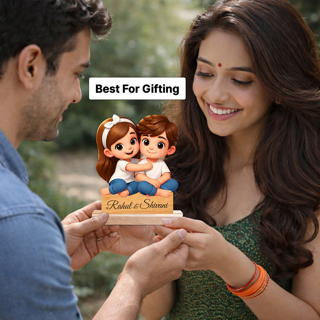 Personalized Couple Cartoon Cutout Table Stand – Custom Name Wooden Desk Décor (6x7 Inch) | Love Craft Gifts