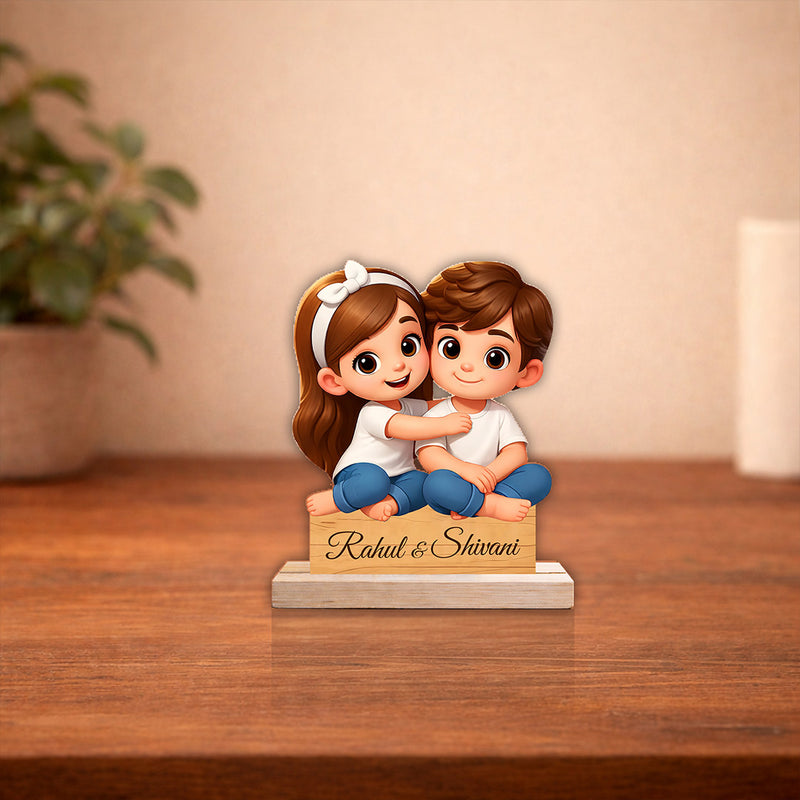 Personalized Couple Cartoon Cutout Table Stand – Custom Name Wooden Desk Décor (6x7 Inch) | Love Craft Gifts