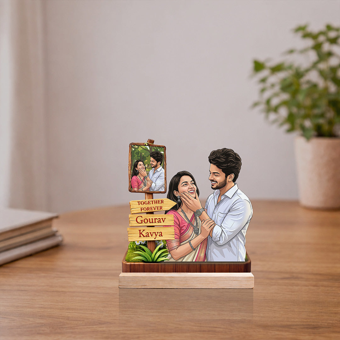 Personalized Couple Cartoon Wooden Table Stand – “Together Forever” Custom Photo & Name Stand (7x7 Inch) Romantic Gift for Boyfriend, Girlfriend & Anniversary | Love Craft Gifts