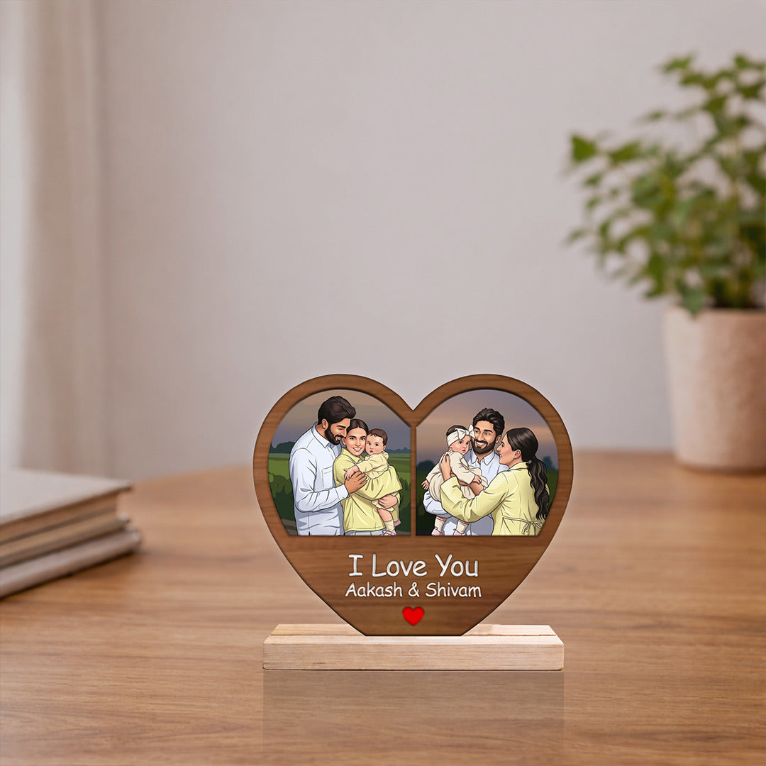 Personalized Heart Shape Wooden Photo Frame Table Stand – Custom Couple & Family Cartoon Frame Gift with Name (6x6 Inch) | Love Craft Gifts