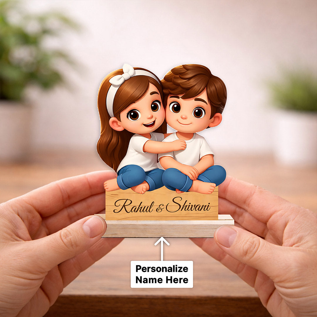 Personalized Couple Cartoon Cutout Table Stand – Custom Name Wooden Desk Décor (6x7 Inch) | Love Craft Gifts