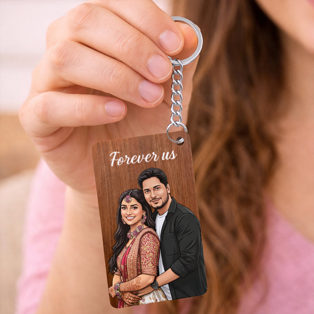Personalized Wooden Couple Keychain with Cartoon Photo & Name Custom Print (2.5x1.5 Inch) Romantic Key Ring Gift for Boyfriend, Girlfriend, Husband & Wife | Love Craft Gifts