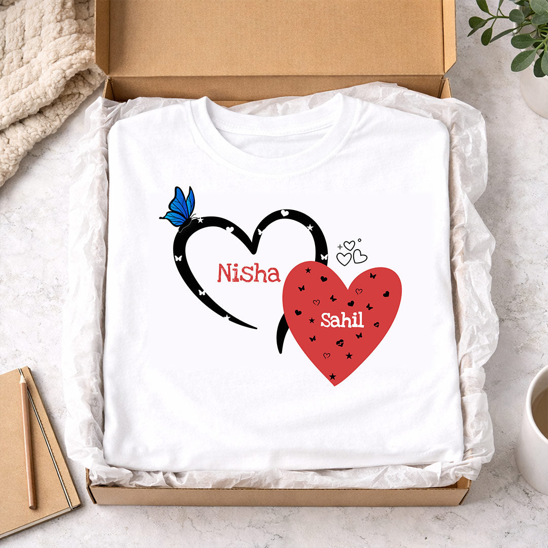Personalized Couple Heart Name Print White T-Shirt – Unisex Casual Wear | Love Craft Gifts