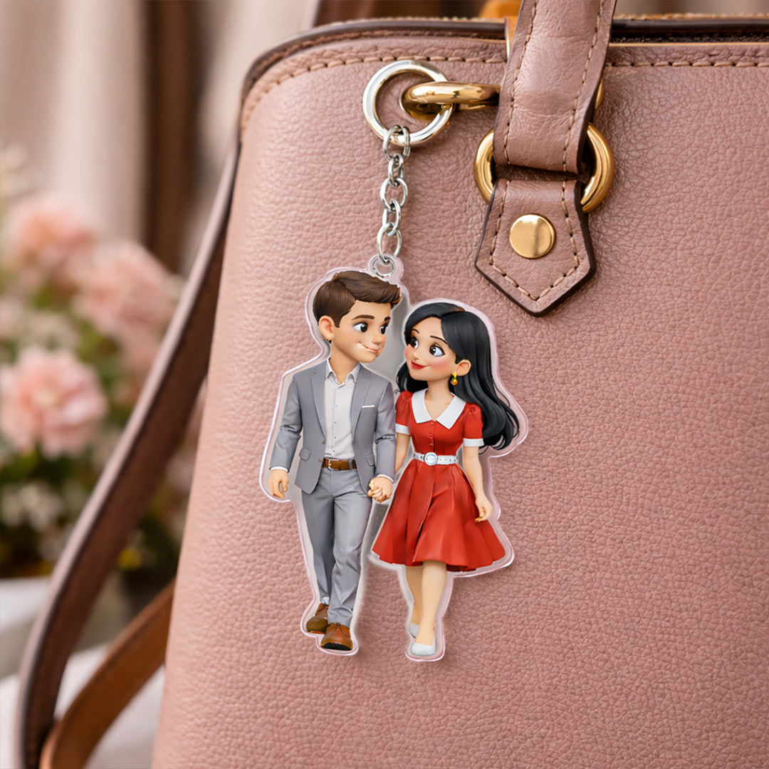 Personalized Couple Photo Acrylic Keychain – Custom Cartoon Style Hanging Keyring (2x2.5 Inch) | Love Craft Gifts