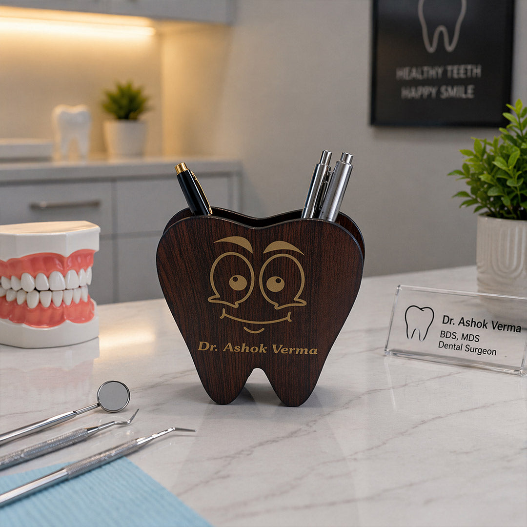 Personalized Dentist Tooth Pen Stand 4x5 Inch – Custom Name Wooden Desk Organizer Gift for Doctors | Love Craft Gifts™