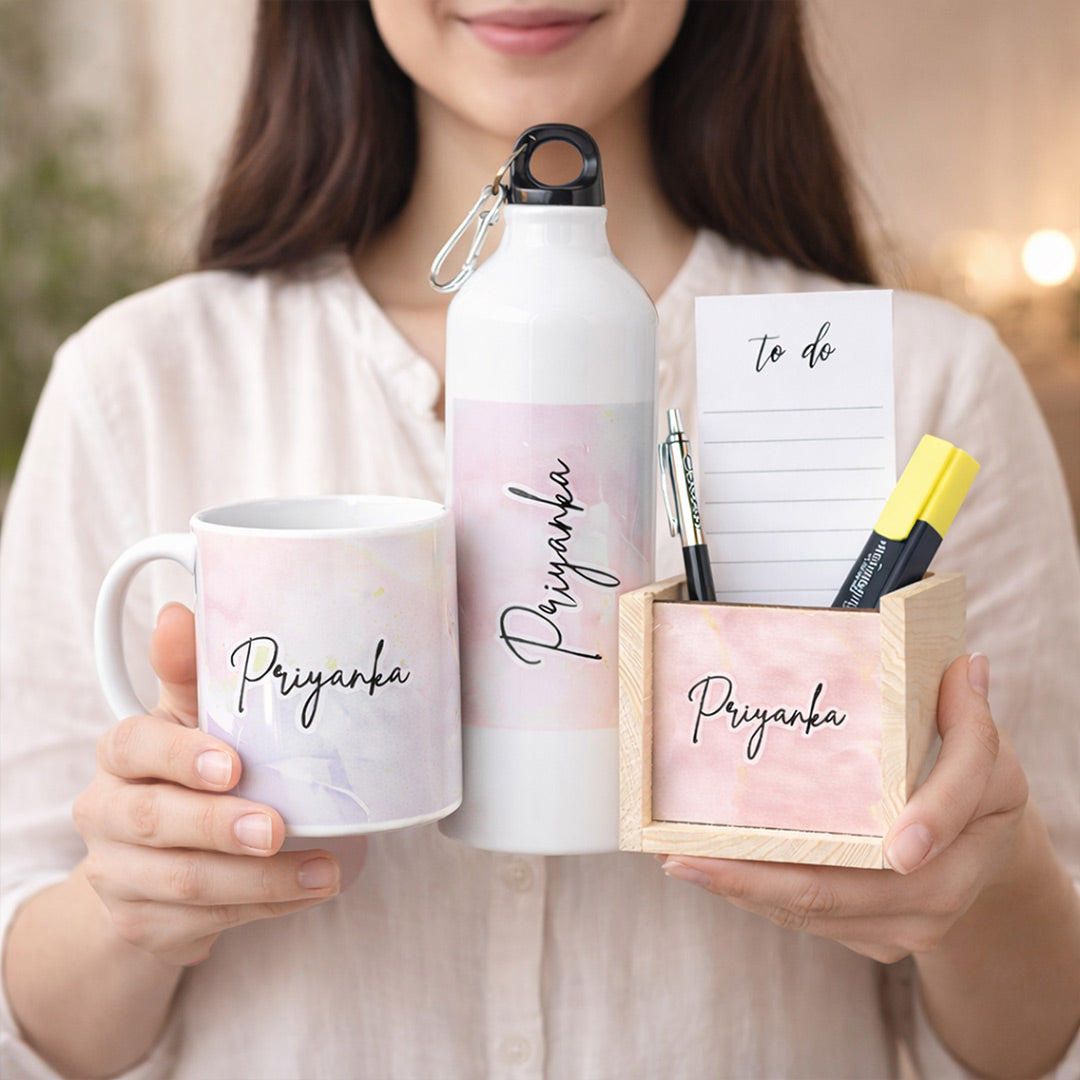 Personalized Gift Combo Set for Women – Custom Name Water Bottle, Coffee Mug & Wooden Pen Holder Desk Organizer | Birthday Gift for Girls, Sister & Friend | Love Craft Gifts