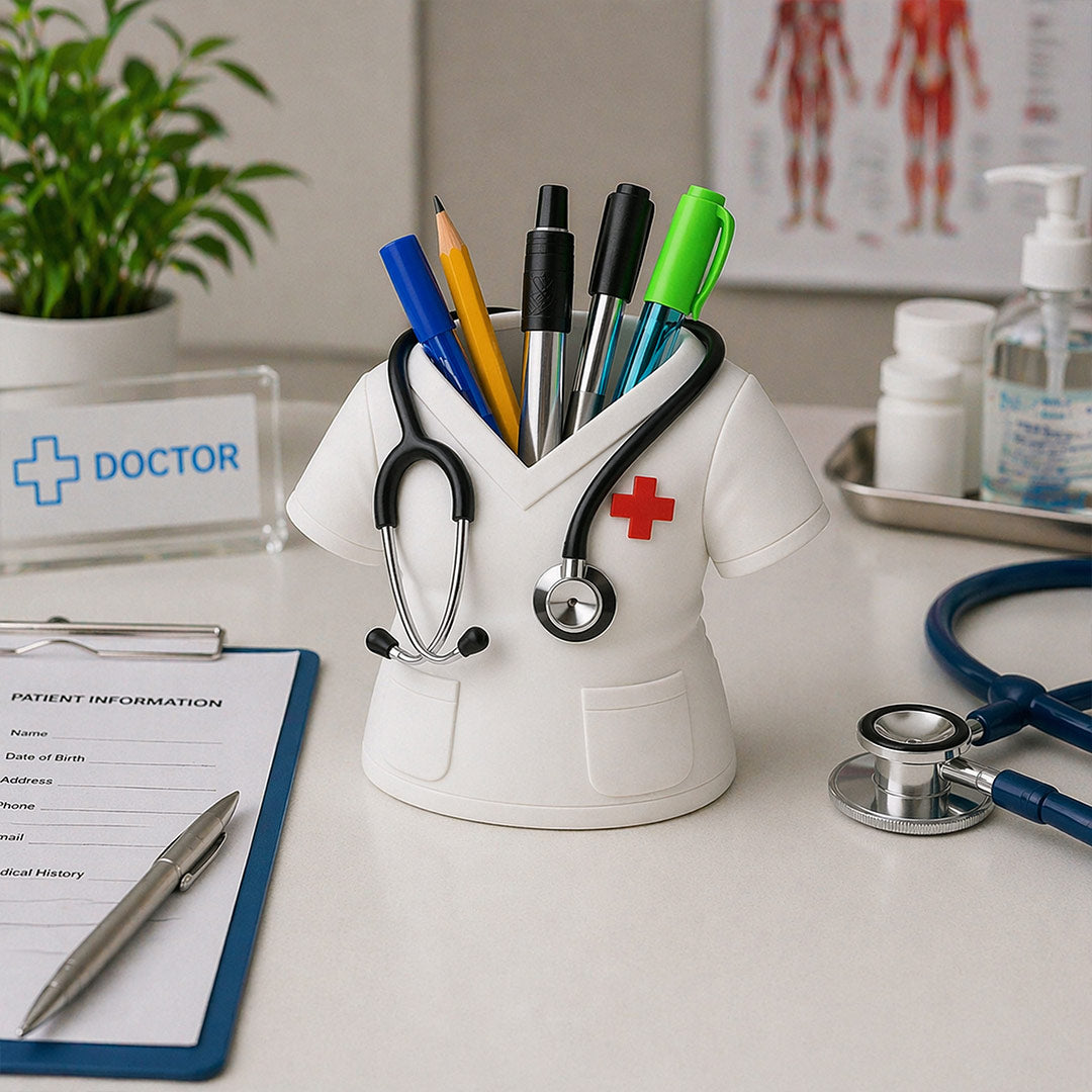 Premium Doctor White Coat Pen Stand – Personalized Medical Desk Organizer Gift with Stethoscope Design (Plastic) | Love Craft Gifts™
