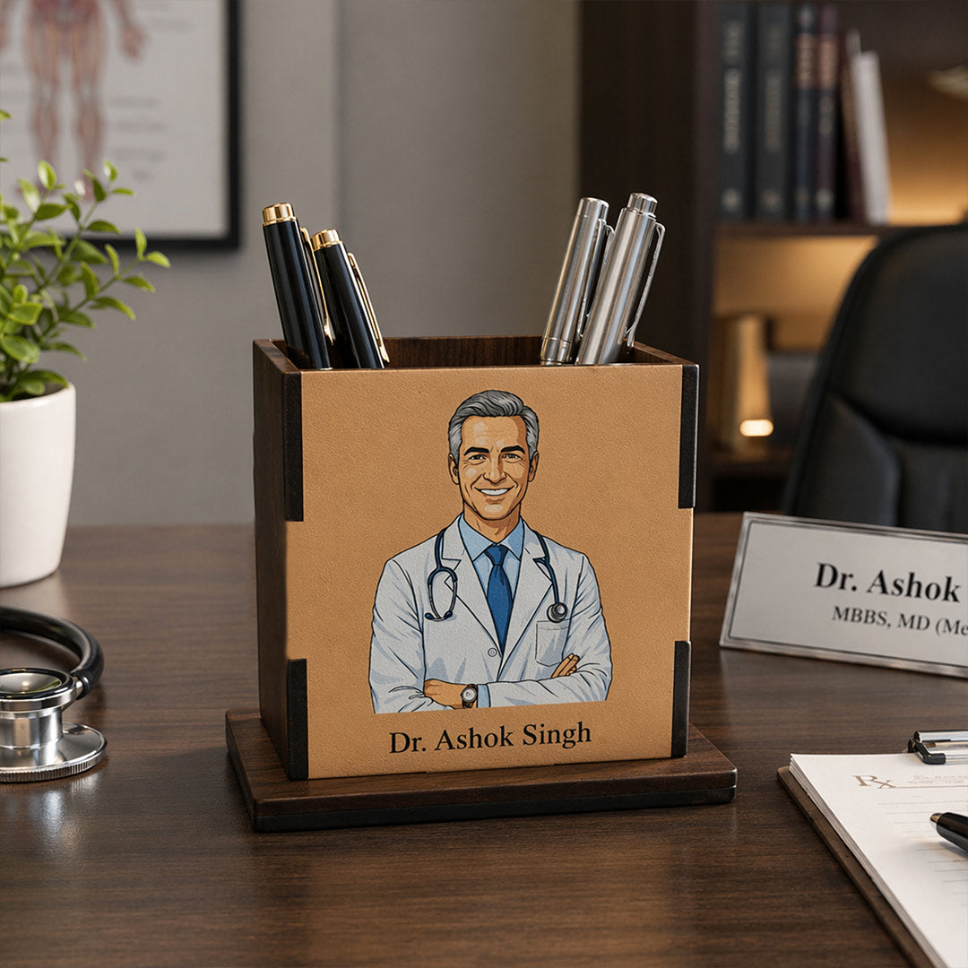 Personalized Doctor Wooden Pen Stand with Custom Cartoon Portrait – Premium Desk Organizer with Name (3.5 x 3.5 Inch) Professional Gift | Love Craft Gifts™