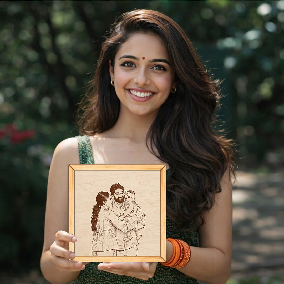 Personalized Family Sketch Wooden Frame Custom Photo Engraved Wall Decor 8x8" | Love Craft Gifts