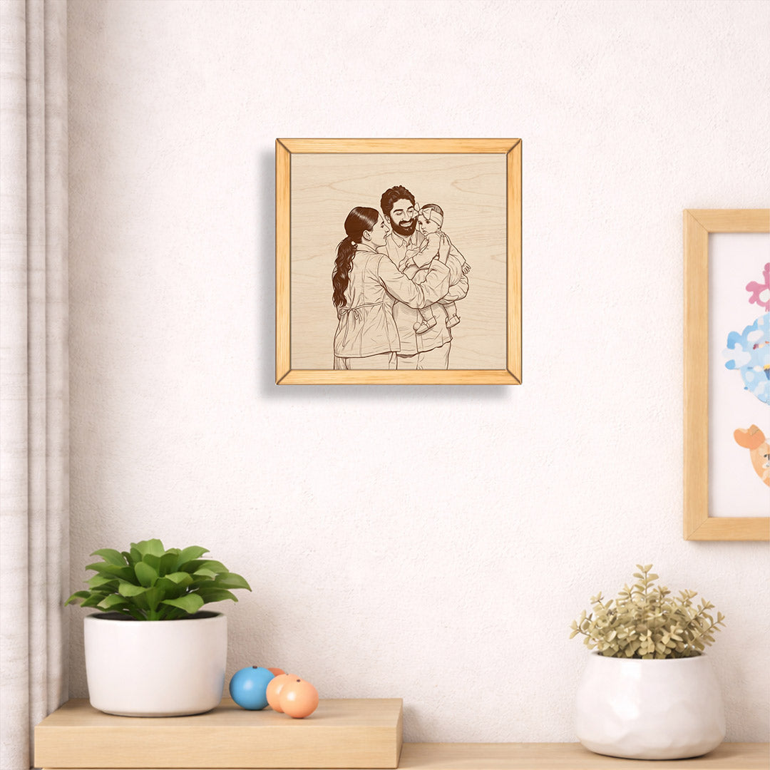 Personalized Family Sketch Wooden Frame Custom Photo Engraved Wall Decor 8x8" | Love Craft Gifts