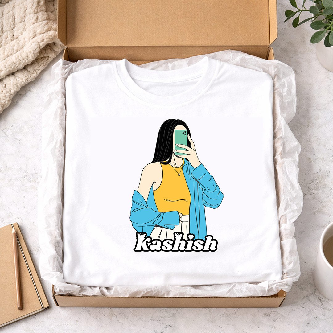 Custom Girl Illustration Name Print White T-Shirt – Personalized Unisex Casual Wear | Love Craft Gifts