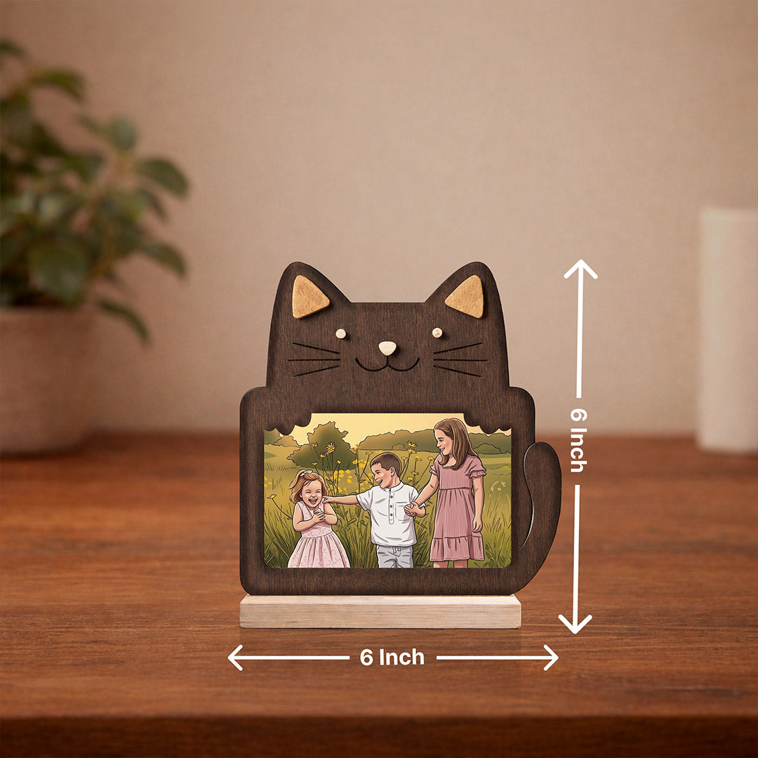 Personalized Wooden Cat Photo Frame Stand with Custom Cartoon Photo Print (6x6 Inch) Cute Cat Design Table Top Frame Gift for Kids, Family & Friends | Love Craft Gifts