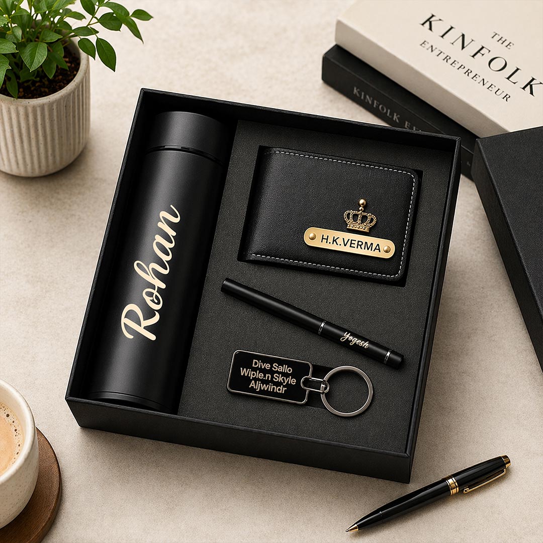 Personalized Premium Gift Set for Men – Custom Name Wallet, Bottle, Pen & Keychain Combo | Love Craft Gifts™