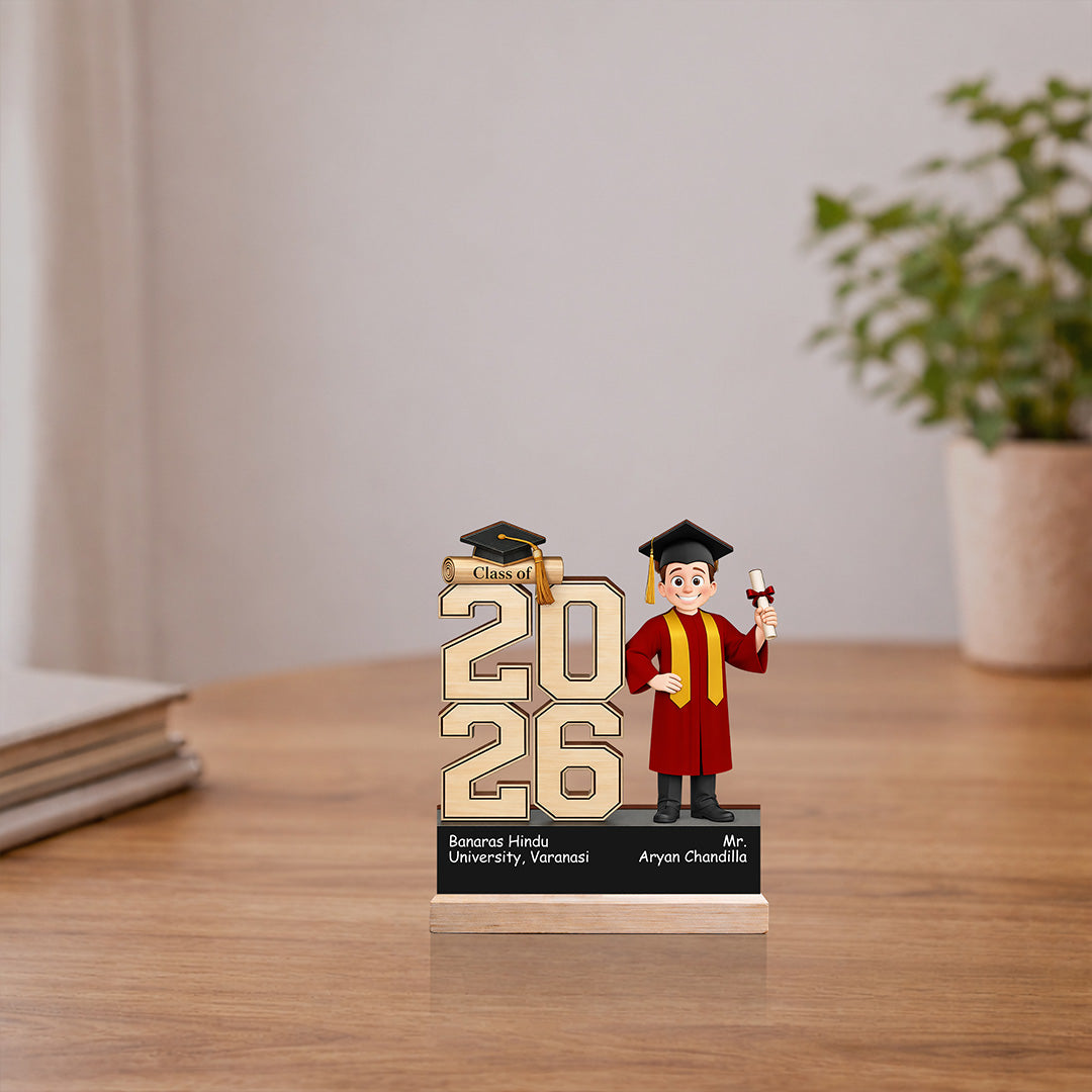 Personalized Graduation Wooden Table Stand (Class of 2026) – Custom Name & College Graduation Gift for Students, Boys & Friends (6x6 Inch) | Love Craft Gifts
