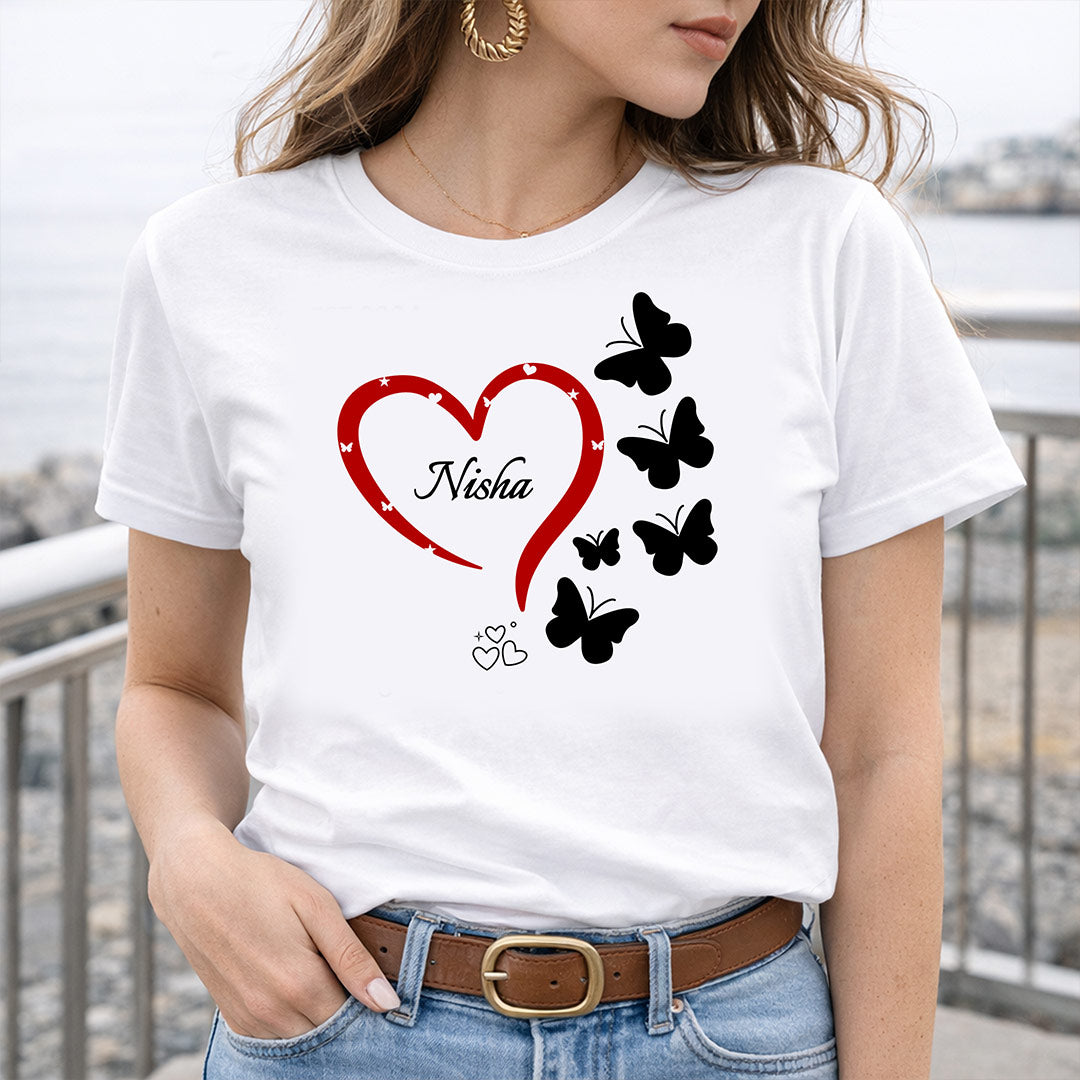 Personalized Heart & Butterfly Name Print White T-Shirt – Unisex Casual Wear | Love Craft Gifts