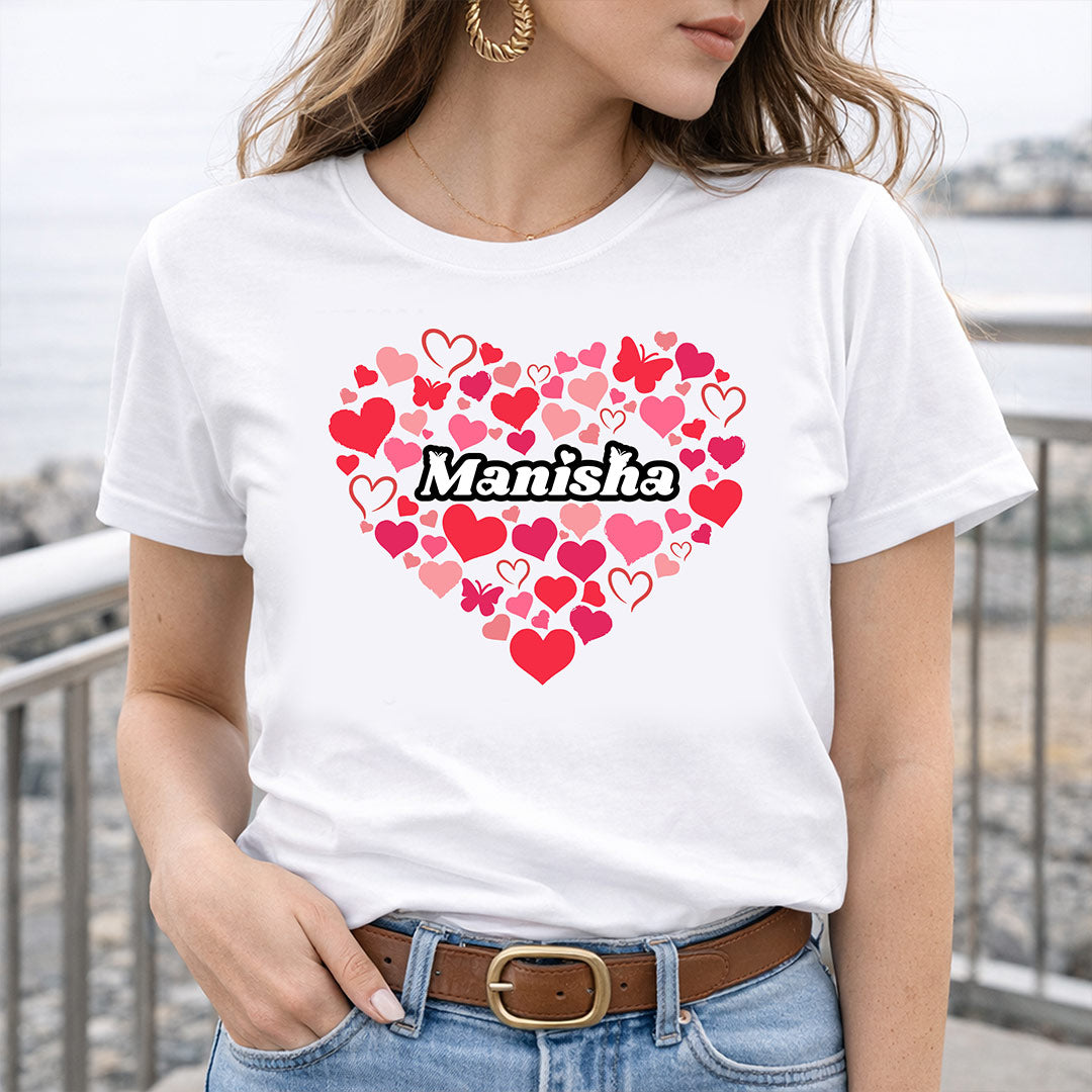 Personalized Heart Name Print White T-Shirt – Custom Love Design Unisex Tee | Love Craft Gifts