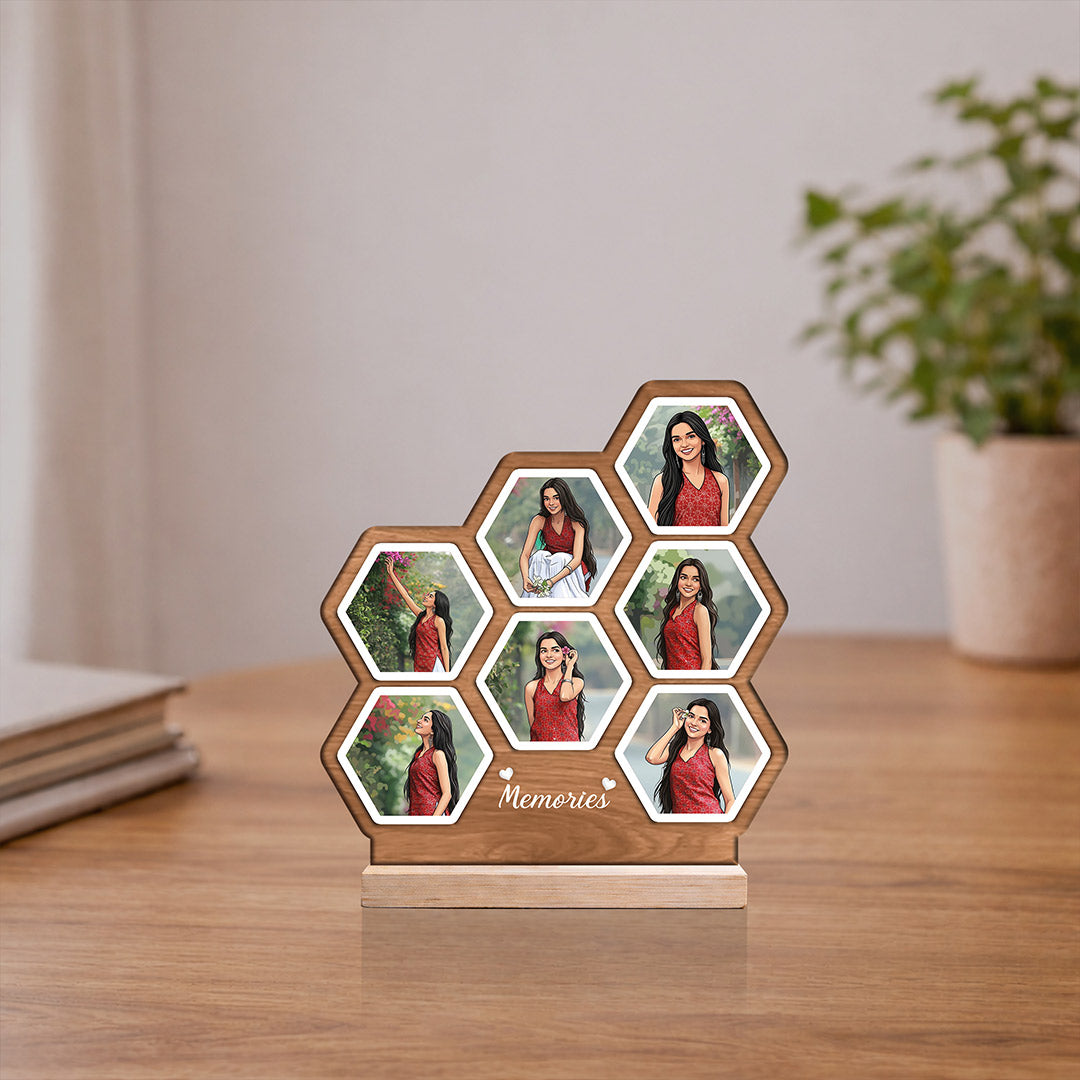 Personalized Hexagon Multi Photo Wooden Table Stand (6x7 Inch) Custom Memories Frame Gift for Girlfriend, Wife & Friends | Love Craft Gifts