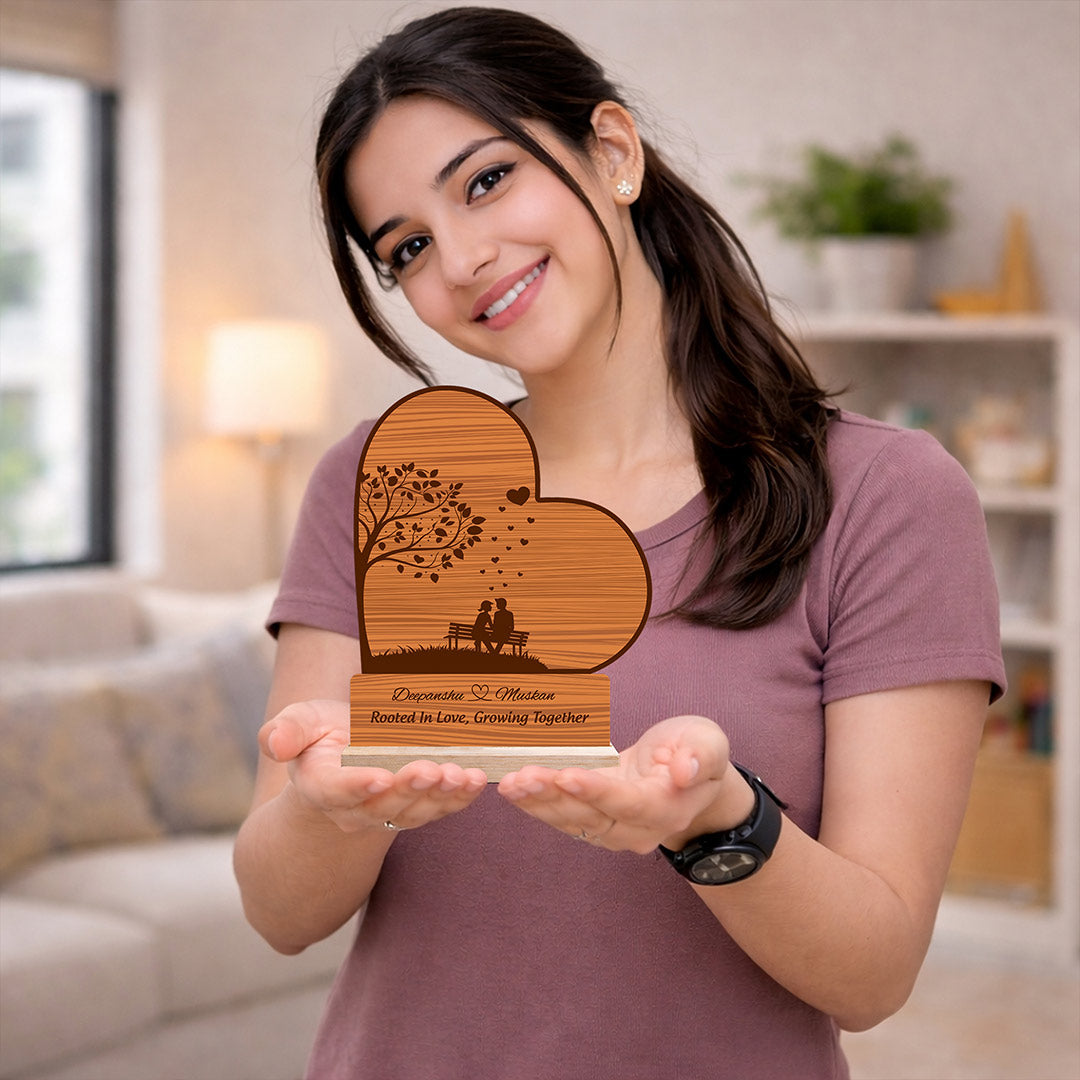 Personalized Wooden Heart Couple Name Table Top with Custom Message (6x7 Inch) Romantic Desk Décor Gift | Love Craft Gifts